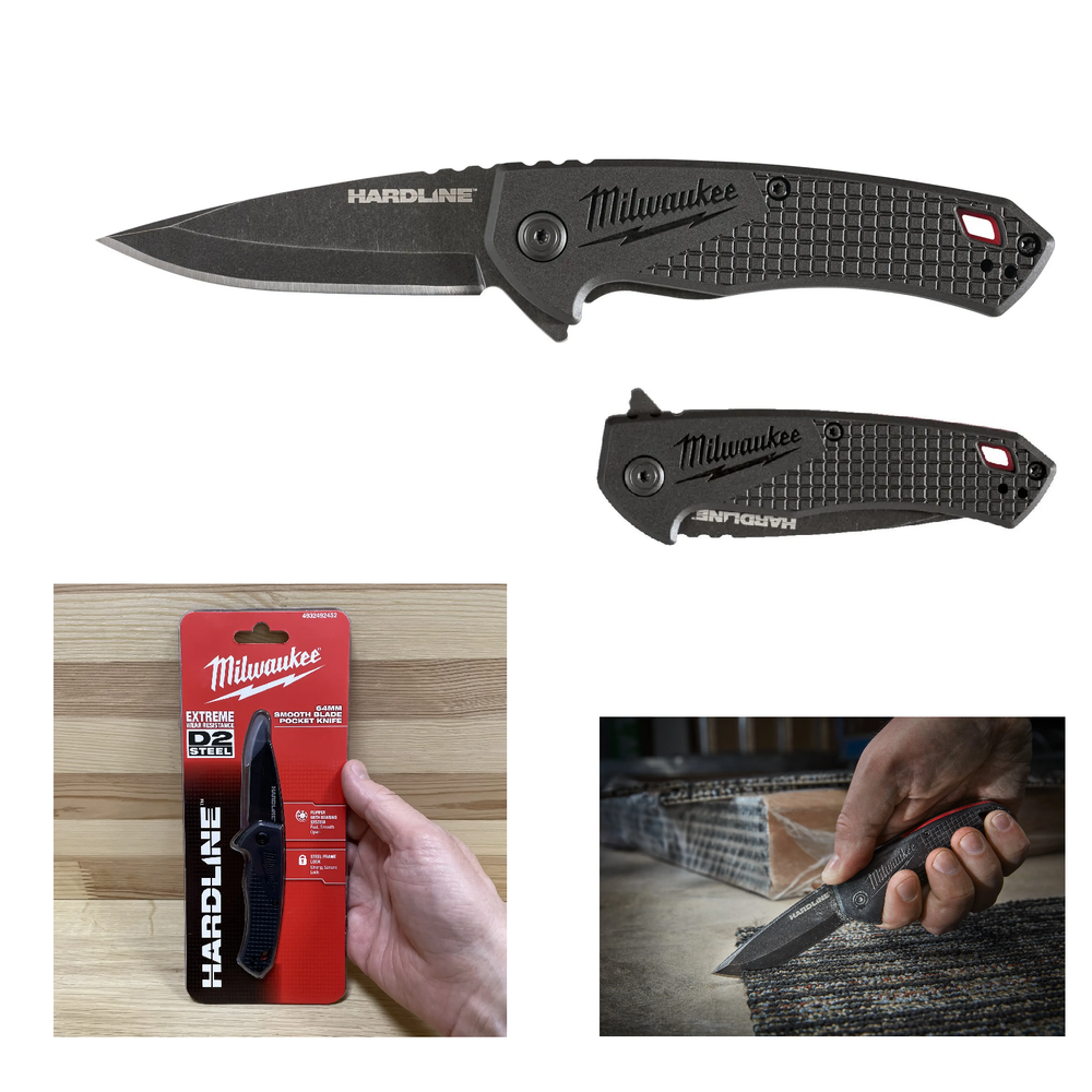 АКЦИЯ ВЕСНА ПРИШЛА! Нож складной выкидной с гладким лезвием MILWAUKEE HARDLINE FOLDING KNIFE SMOOTH, лезвие 64 мм D2 сталь 4932492452