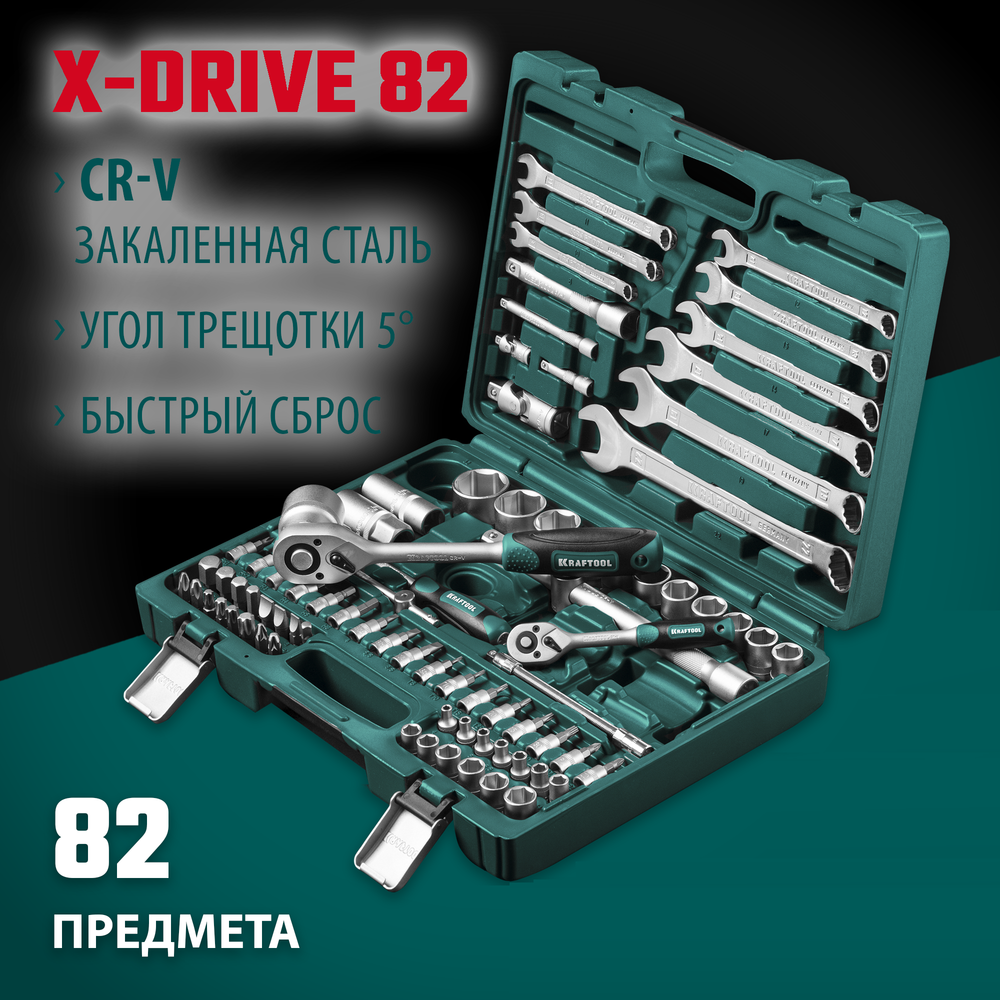 Новинка! Универсальный набор инструментов 82 предмета KRAFTOOL X-Drive 82, 1/2″+1/4″ для работы с крепежом, в кейсе 27887-H82_z03