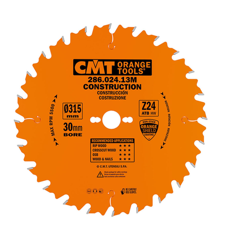 Новинка! Диск пильный CMT 315 x 30 x 3,2 / 2,2 15 гр. 5 гр. ATB Z 24 для пиления древесины на стройплощадке 286.024.13M