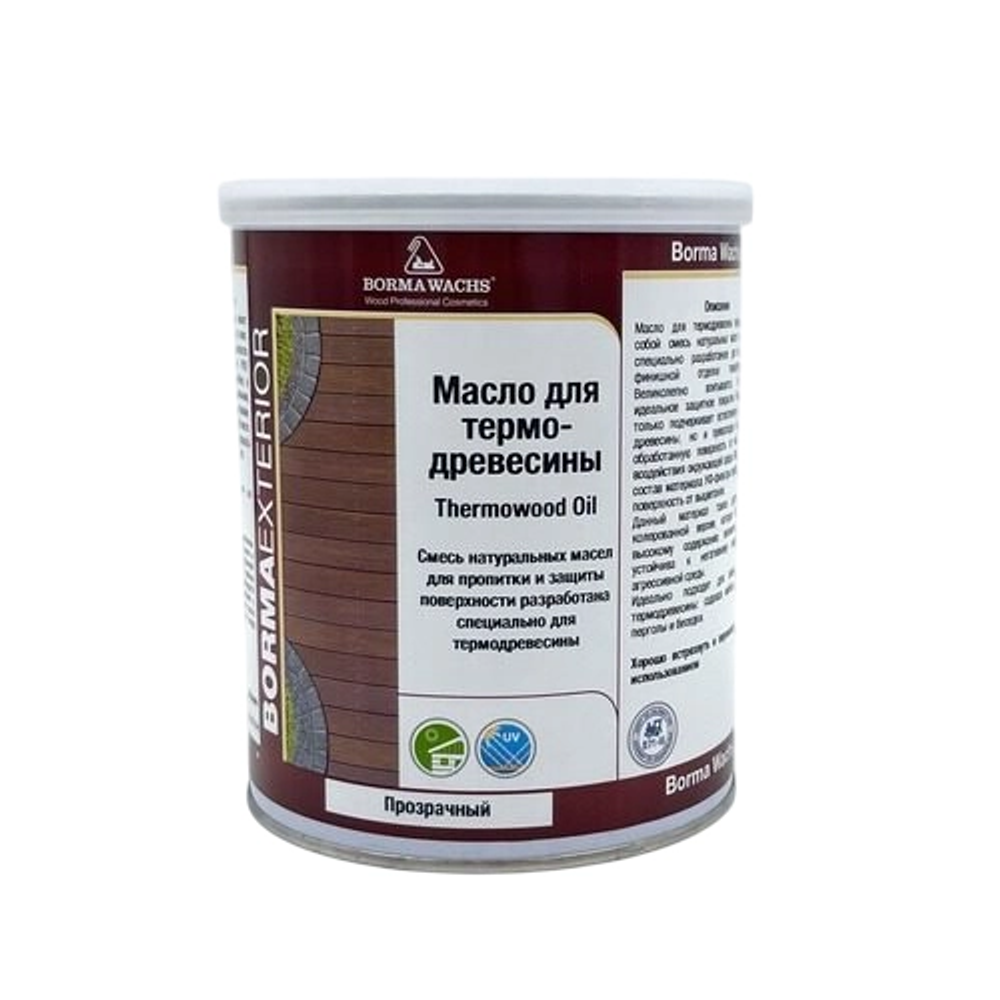 АКЦИЯ МАЙ 2025! Масло для термодревесины Borma Thermowood Oil для наружных работ, обогащено УФ-фильтрами и антисептическими добавками, цвет прозрачный 1 л 4978