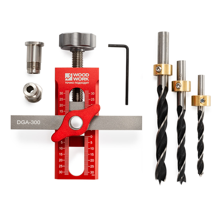 Новинка! Кондуктор для установки мебельных дверок со сверлами 6, 8 и 10 мм Woodwork, регулировка высоты дверцы шкафа при разметке, крепления петель к корпусу, сверление отверстий DGA-300