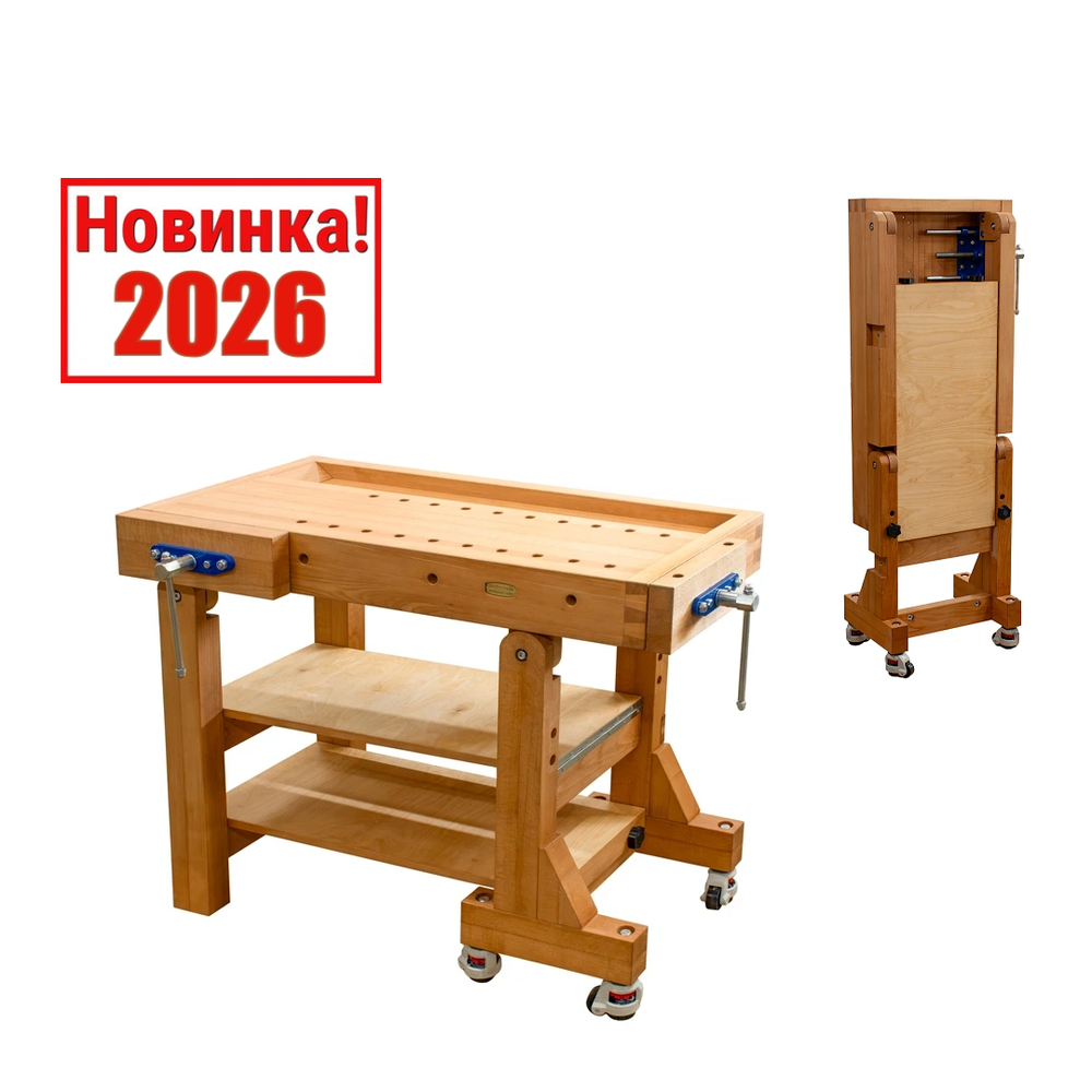 Новинка 2026! Верстак складной деревянный ПЕТРОГРАДЪ, 1060 х 500 мм, лоток, тиски передние, боковые, оснащен усиленными колесными опорами М00025311