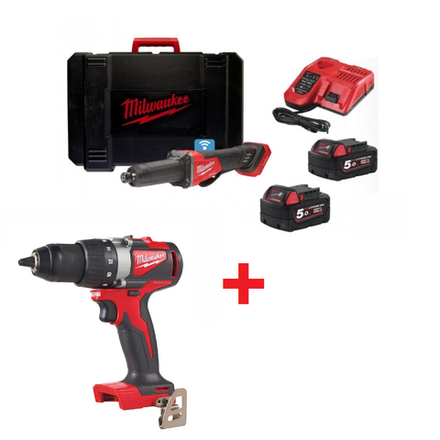 ВМЕСТЕ ВЫГОДНЕЕ! Комплект: Аккумуляторная Прямошлифмашина M18 FDGROVB-502X с 2 аккумуляторами, быстрозарядным устройством 933480956 и Дрель - шуруповерт M18 BLDDRC-0X 4933492832 MILWAUKEE N066-2AM