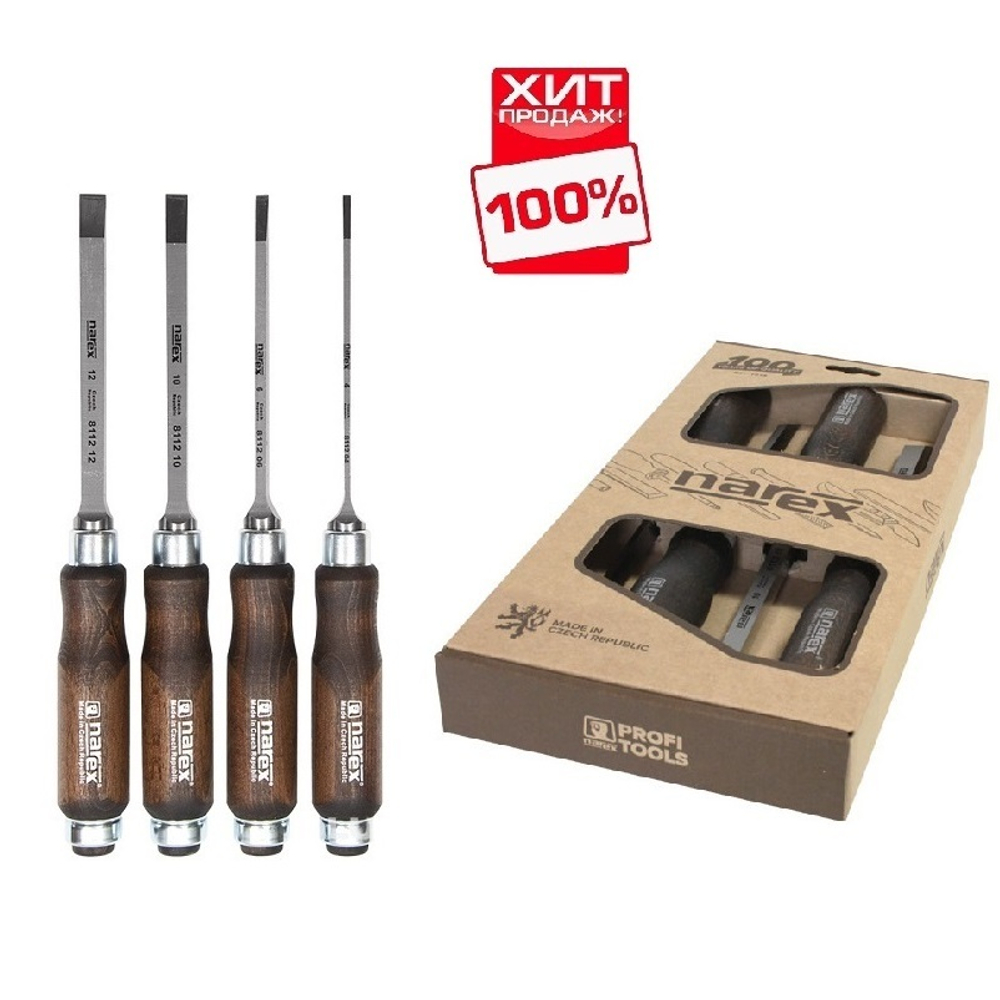 ХИТ! Набор из 4 профессиональных долот (4, 6, 10, 12 мм) Narex WOOD LINE PROFI в картонной коробке 863600