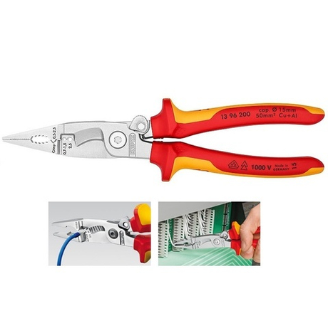 Многофункциональные клещи для электромонтажных работ Клещи электромонтажные 200 мм VDE "6-в-1", зачистка 0.75 – 1.5 / 2.5 мм2, рез 15 мм / 50 мм2 KNIPEX KN-1396200SB
