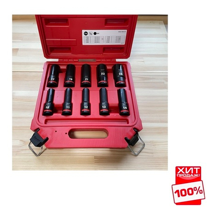 ХИТ! Набор головок ударных удлиненных 10 шт. Milwaukee SHOCKWAVE 1/2" 10, 11, 12, 13, 14, 17, 19, 21, 22, 24 мм в кейсе 4932480457