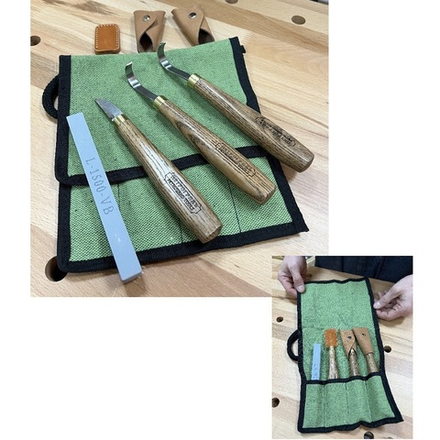 Набор резчицкий N 14 5 предметов ложкорезный: 3 ножа и заточной абразив в сумке-скрутке ПЕТРОГРАДЪ М00016440