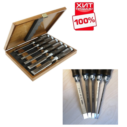 ЦЕНЫ НИЖЕ ХИТ! Набор столярных стамесок плоских Wood Line Profi Narex 6 шт в деревянном кейсе (6, 10, 12, 16, 20, 26 мм) 853053