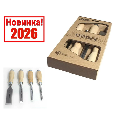 Новинка 2026! Набор из 4 шт плоских стамесок NAREX Wood Line Profi 8, 10, 16, 32 мм с ручкой из бука, светлые 863110