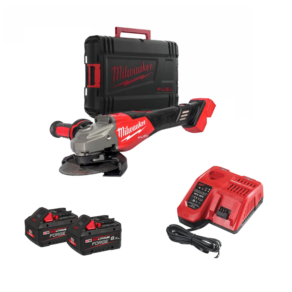 Новинка! Комплект в кейсе M18 FHSAG125 XB2-802X FUEL: Профессиональная Аккумуляторная углошлифовальная машина УШМ FHSAG125 XPDB2-0X, ДВА Аккумулятор M18 FB8 FORGE 8Ач, Зарядное устройство M12-18 FC, оснастка, принадлежности MILWAUKEE 4933493416
