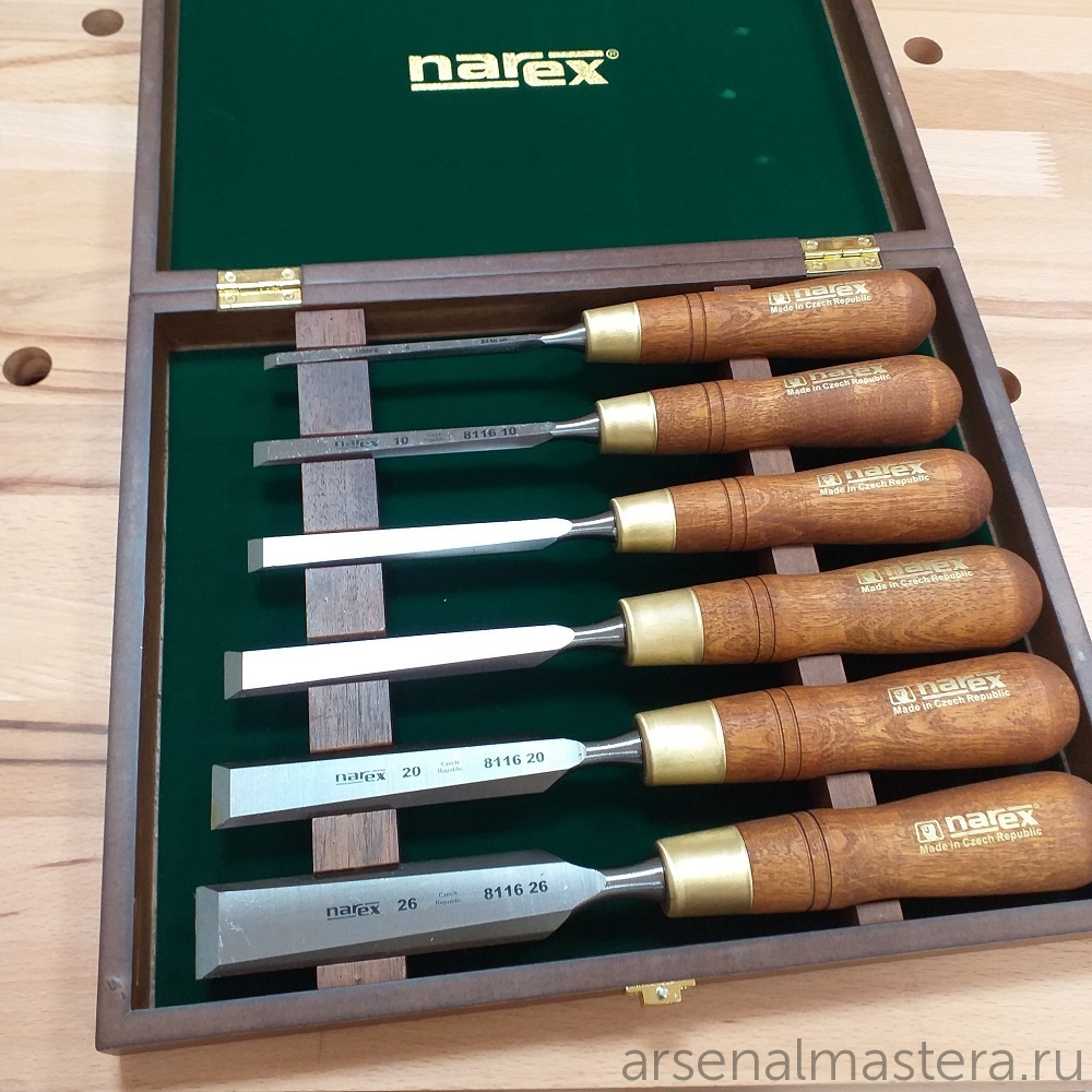 ХИТ! Набор в деревянном кейсе из 6 плоских столярных стамесок NAREX PREMIUM (6, 10, 12, 16, 20, 26 мм) 853200