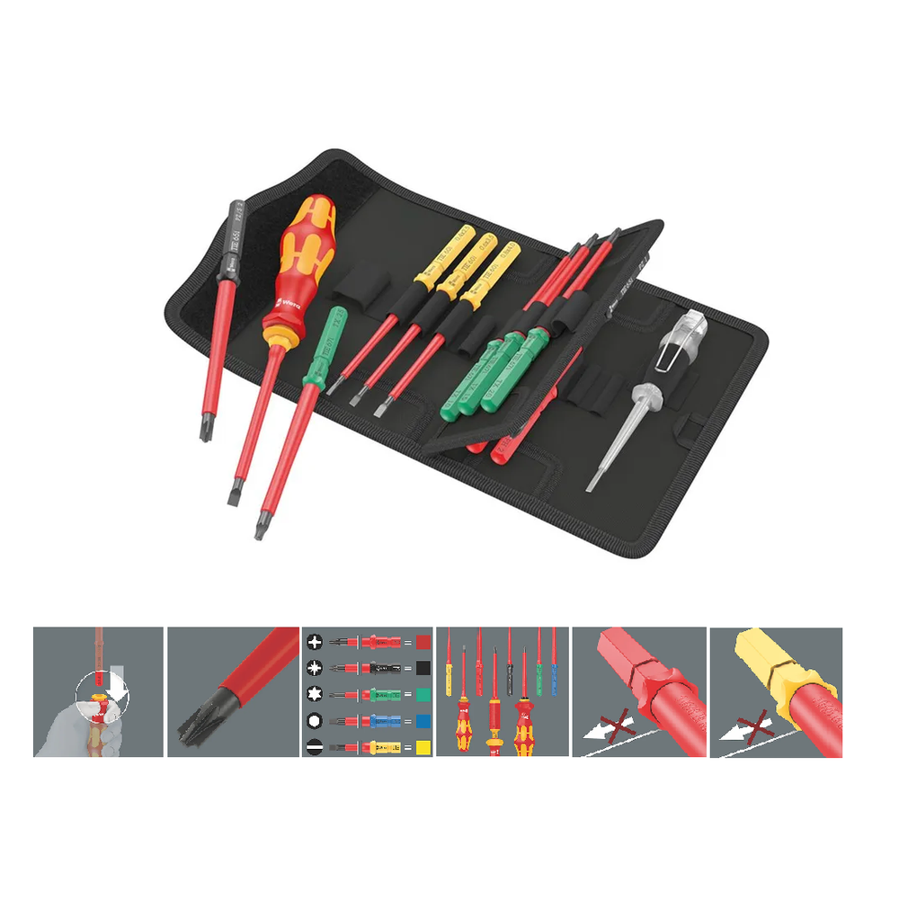 АКЦИЯ 2026! Набор бит с битодержателем 16 предметов WERA Kraftform Kompakt VDE 16 Universal 1 Tool Finder. 1 ручка-держатель 817 VDE Kraftform, 14 сменных отвёрток VDE с идентификатором инструментов, 1 однополюсный тестер фазного напряжения, в поясной сумке WE-006607