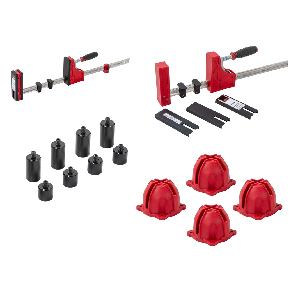 Новинка! Набор 12 предметов JET JC-12: 2 шт Корпусные струбцины длина 1015 мм, 2 шт длина 615 мм, 4 шт Крестовые блоки-стойки, 8 шт Стальные цилиндры для фиксации в стол 19 мм JR031