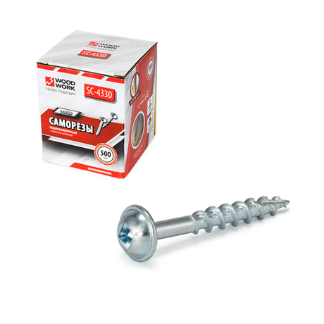 Новинка! Саморезы оцинкованные с плоской шляпкой 500 шт Woodwork Coarse Maxi-Loc L=30 мм d=4,1/4,5 мм, квадратный шлиц, для соединений на косой шуруп SC-4330