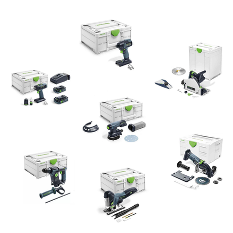 Новинка! Комплект аккумуляторный FESTOOL ПРОФЕССИОНАЛЬНЫЙ: Дрель - шуруповёрт T 18+3 HPC 4,0 I-Plus с двумя аккумуляторами, быстрозарядным устройством 576446, Импульсная дрель-шуруповерт TID 18-Basic 576481, Перфоратор BHC 18-Basic 577600, Погружная пила TSC 55 18/36 В KEB-Basic 576712, Маятниковый лобзик CARVEX PSC 420 18 В EB-Basic 576521, Шлифовальная машинка ETSC 18 В 125-Basic 576370, Алмазная ручная отрезная система с УШМ DSC-AGC 18-125 FH EB-Basic 576829 в систейнерах N0156-7AM