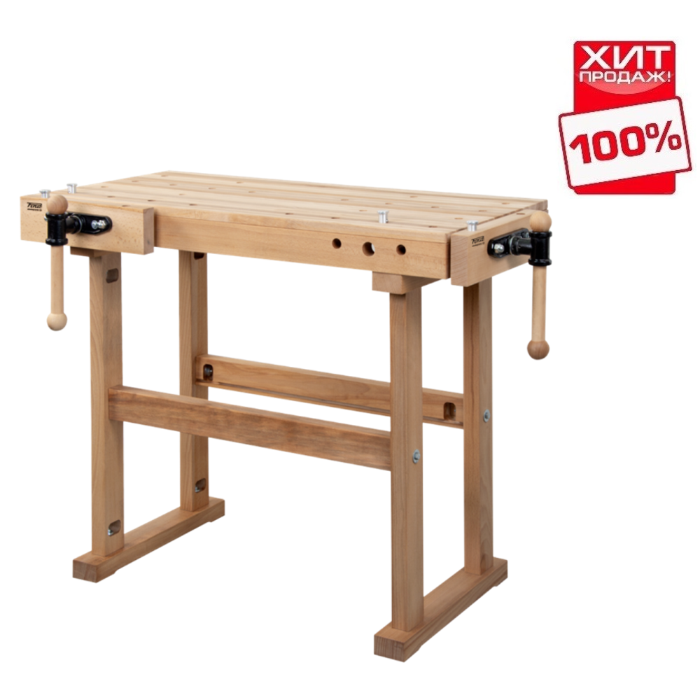 ХИТ! Чешский верстак столярный деревянный PINIE Starter 1680 х 630 х 860 мм, столешница из массива бука 90 мм, 2 чугунных тисков York, 36 отверстий 20 мм под фиксаторы Starter1700D20