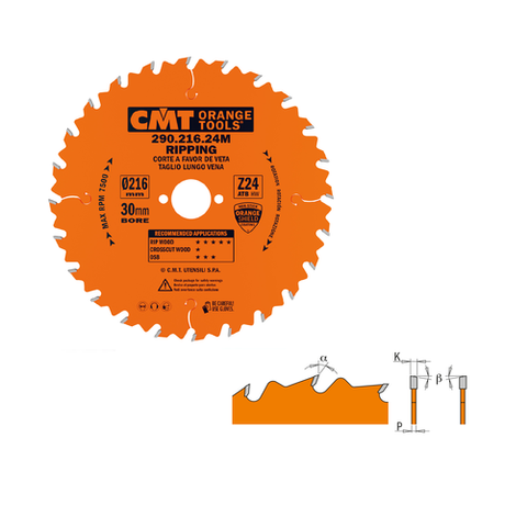 Новинка! Диск пильный CMT 216 x 30 x 2,8/1,8 -5° 15° ATB Z=24 продольное пиление 290.216.24M