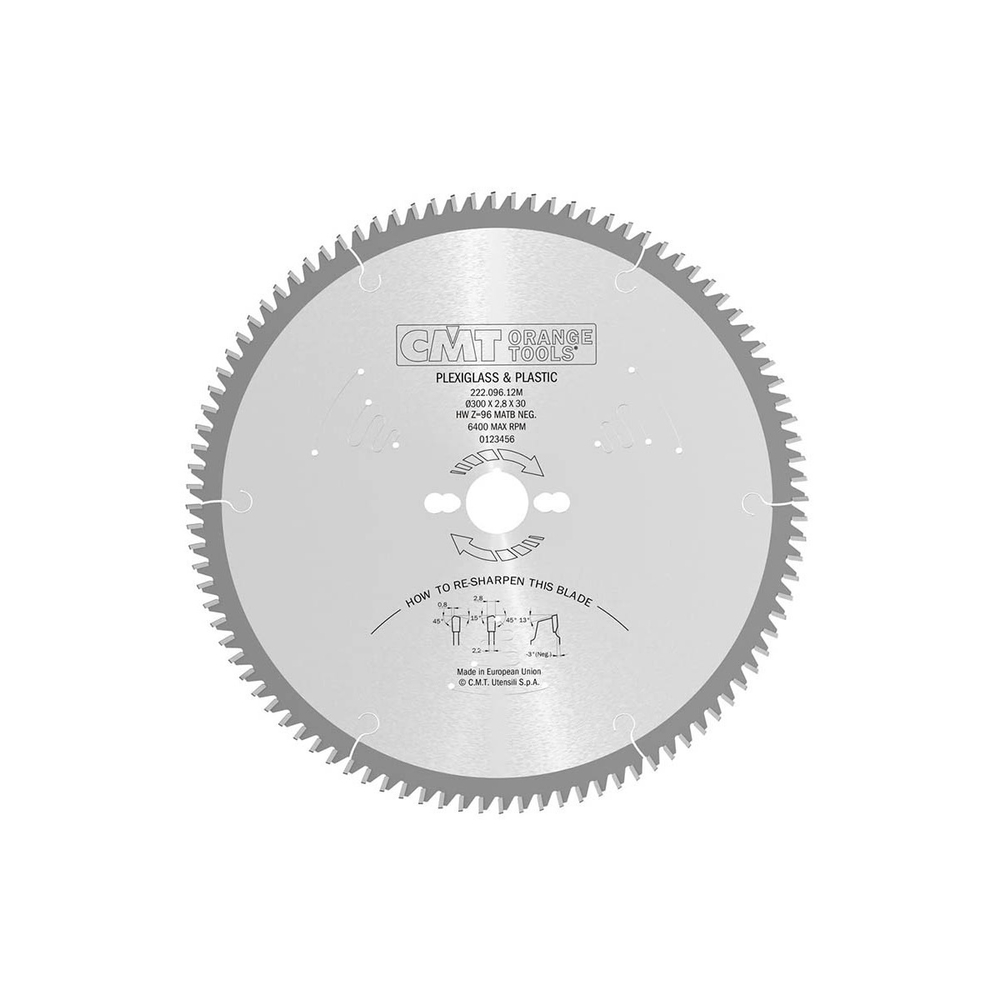 Новинка! Диск пильный 300 x 30 x 2,8 / 2,2 - 3 градус MATB Z 96 для ПВХ и оргстекла, ламината CMT 222.096.12M