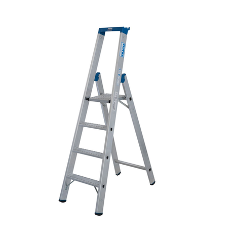 Новинка! Стремянка алюминиевая KRAUSE STABILO 1 x 4 со ступенями R13 из прессованного профиля с противоскользящим профилированием и подъемником платформы с обеих сторон. Рабочая высота 2,95 м, полка и крючок для ведра 136022