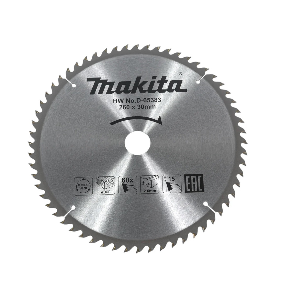 Новинка! Диск пильный по дереву 260 x 2.6 x 30 мм, 60T для использования с дисковой электропилой Makita D-65383