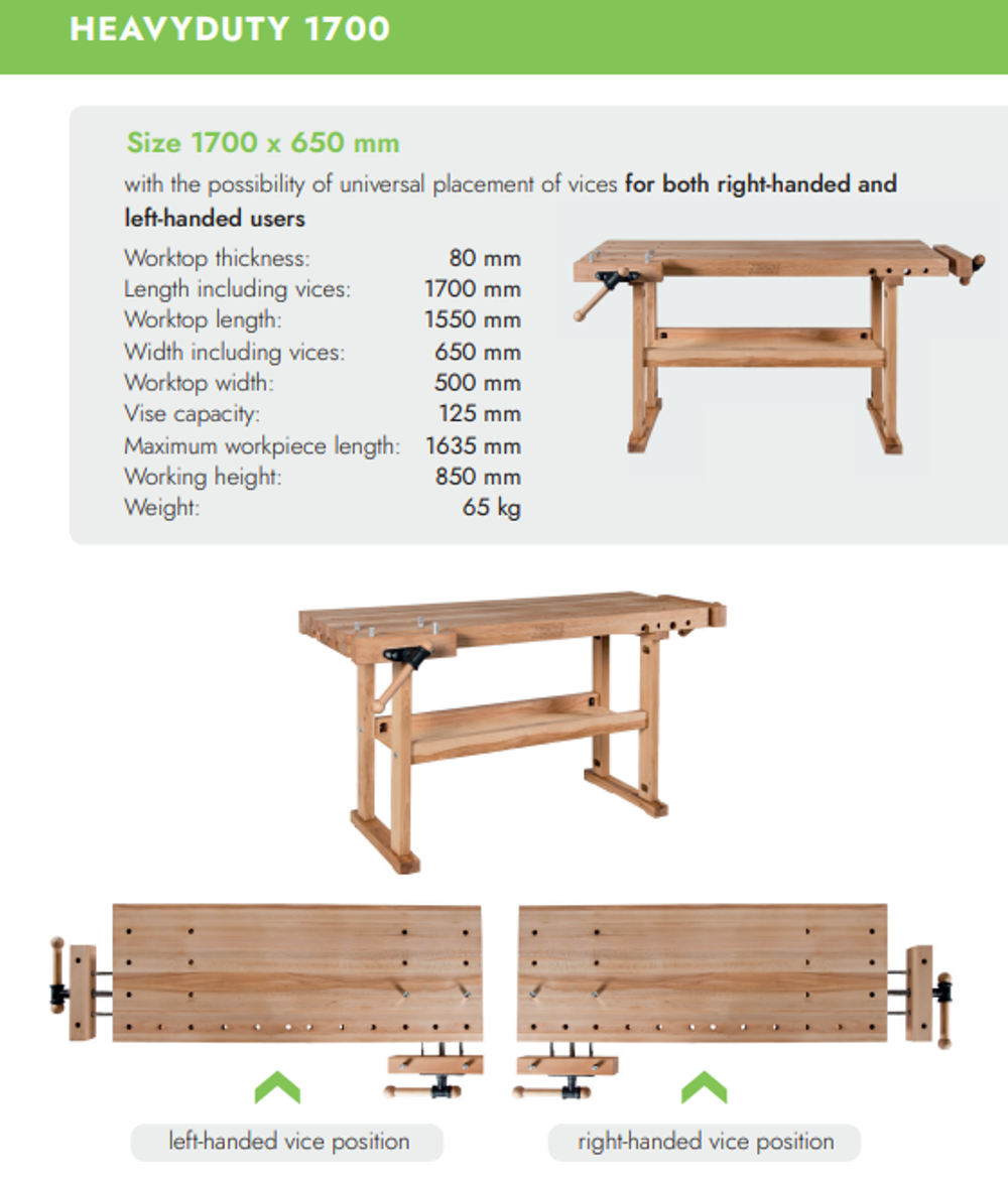 Новинка! Чешский верстак столярный деревянный 1700 х 650 х 850 мм столешница из массива бука 80 мм 2 тисков York 26 отверстий 20 мм под фиксаторы PINIE HeavyDuty1700D20