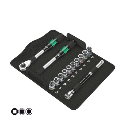 АКЦИЯ ЗИМА 2026! Набор метрический 13 предметов: 10 головок с функцией фиксации, Трещетка с приводом 1/2 дюйм, 2 удлинителя WERA 8006 SC 1 Zyklop Hybrid 1/2" в футляре WE-004090