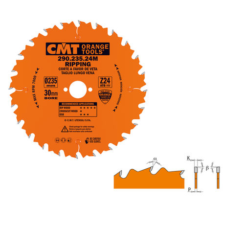 Новинка! Диск пильный CMT 235 x 30 x 2,8 / 1,8 20° 10° ATB Z=24, продольное пиление 290.235.24M