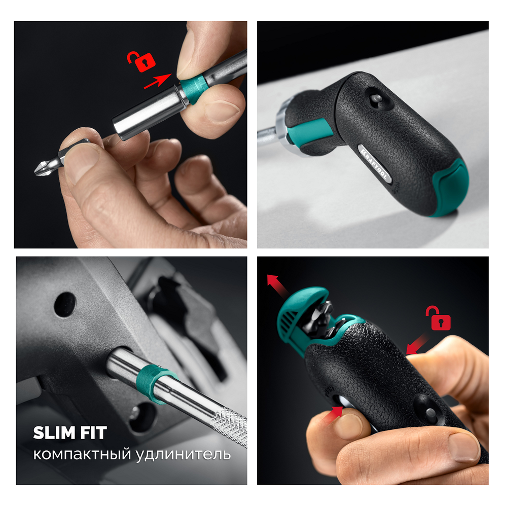 Новинка! Набор Рычажная реверсивная отвертка с битами 6 шт KRAFTOOL EXTREM, PH, SL, PZ 25899