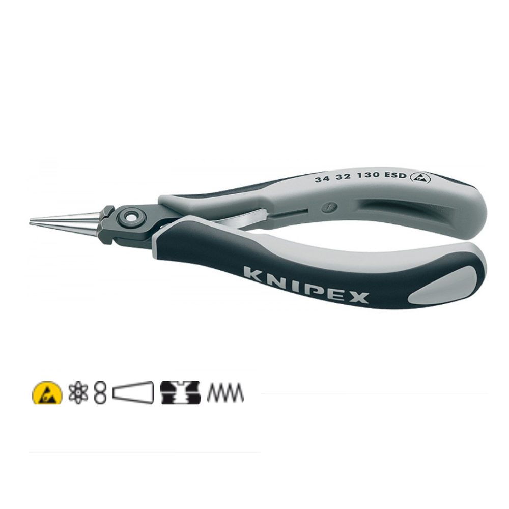 Новинка! Плоскогубцы захватные прецизионные KNIPEX антистатические для электроники ESD, острые круглые губки, 130 мм, круглогубцы KN-3432130ESD