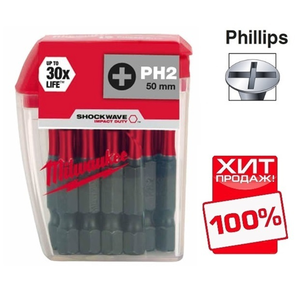 ХИТ! Биты комплект 10 шт Milwaukee Shockwave Impact Duty PH2 x 50 мм  4932430855
