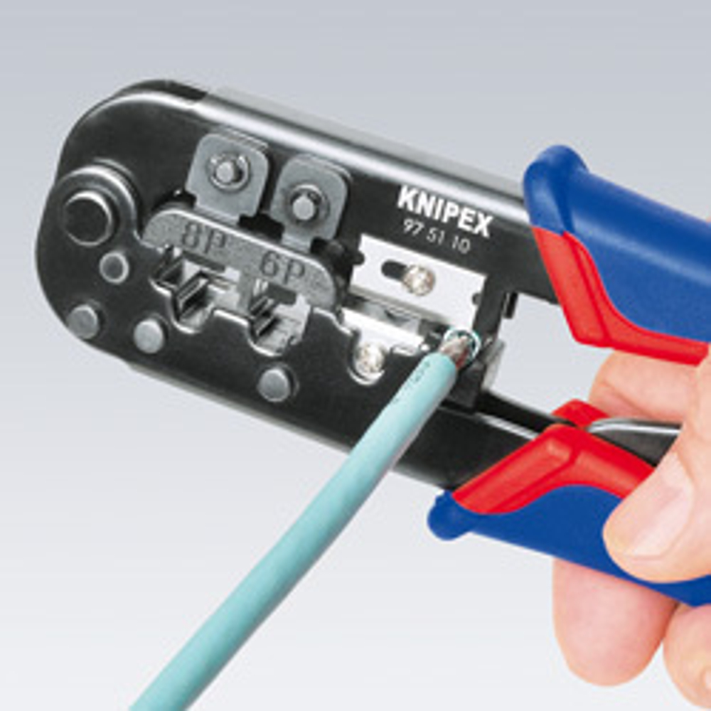 2025 ВЫГОДНЕЕ! Пресс - клещи для штекеров RJ, 2 гнезда RJ 11/12 (6-pin), RJ 45 (8-pin), 190 мм в блистере KNIPEX KN-975110SB