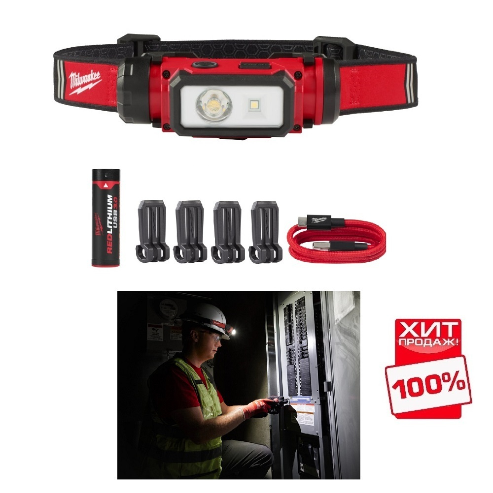 ХИТ! Аккумуляторный фонарь налобный заряжаемый через USB L4 HL2-301 Milwaukee 4933479963