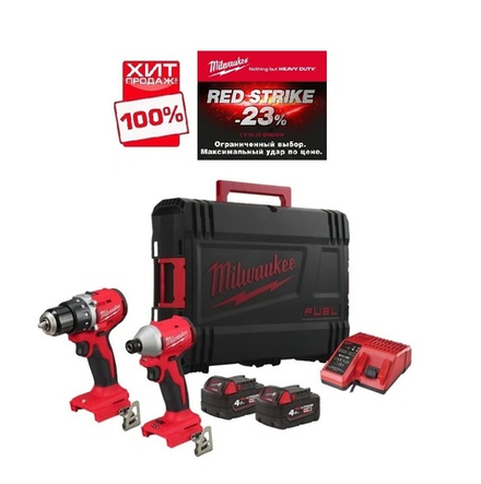 АКЦИЯ RED STRIKE -23% ХИТ! КОМПЛЕКТ аккумуляторный M18 BLCPP2B-402C Дрель - шуруповерт BLDDRC-0C, Винтовёрт BLIDRC-0, 2 шт Аккумулятор B4 4.0 Ач , Зарядное устройство M12-18C в кейсе MILWAUKEE 4933492836