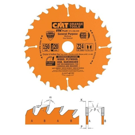 Диск пильный ультратонкий 150 x 20 / плюс16 / x 1,5 / 1,0 18гр 10гр ATB плюс 8гр SHEAR Z24 CMT 271.150.24H