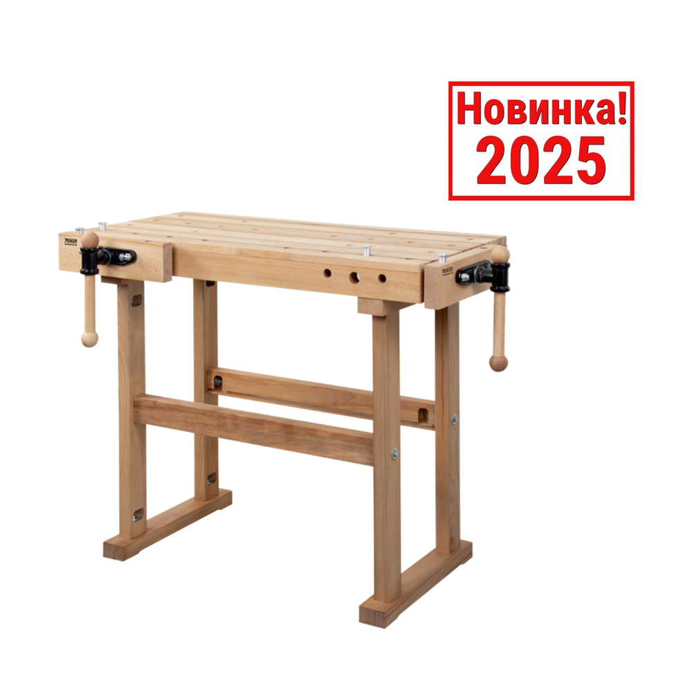 Новинка! Чешский верстак столярный деревянный PINIE Starter 1680 х 630 х 860 мм, столешница из массива бука 90 мм, 2 чугунных тисков York, 36 отверстий 20 мм под фиксаторы Starter1700D20