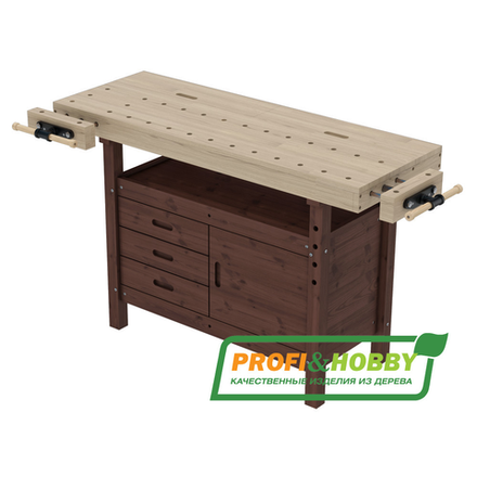Верстак деревянный Профессиональный ДУБ АВК046 136 х 49,8 см 2 комплекта тисков, 2 пенала, 3 ящика, 1 шкаф, полка Цвет тумбы Тёмный орех PROFI&HOBBY PR-PROFI-D-АВК046