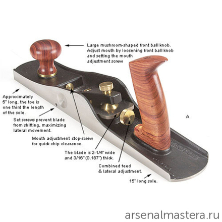 Рубанок Veritas Low-Angle Jack Plane А2 381 х 70 мм лезвие 57 мм 12 градусов 05P34.01 М00003023