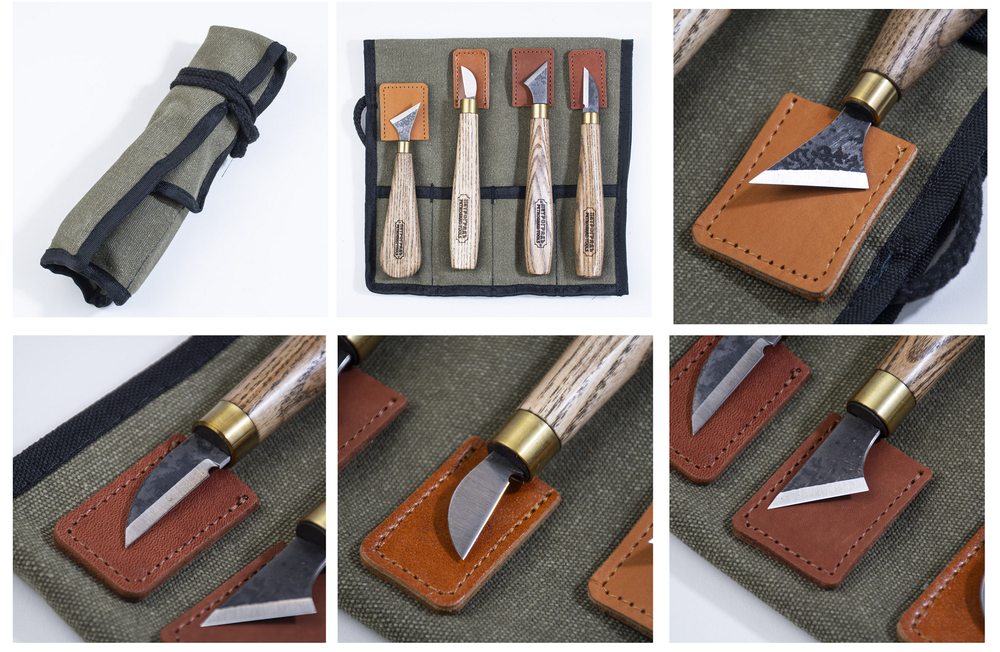 Набор для геометрической резьбы по дереву ПЕТРОГРАДЪ N 9 4 предмета: 3 ножа, Резец - топорик, в сумке - скрутке М00016094