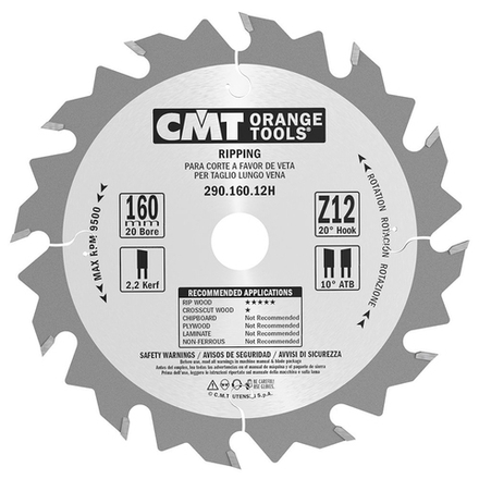 Диск пильный 160 x 20 x 2,2 / 1,6 20 град 10 град ATB Z 12 CMT 290.160.12H