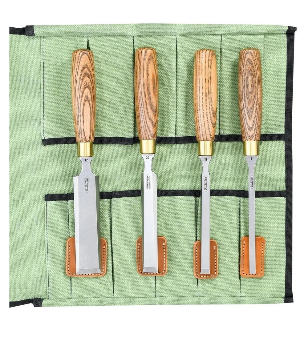 Подарочный комплект для столярных работ №4: Набор стамесок ПЕТРОГРАДЪ серия Волга 4 шт. 8, 12, 20, 32 мм в сумке - скрутке М00022157 ПЛЮС Книга Современные Технологии производства мебели из массива древесины, автор Ю.Бажан N099-2AM