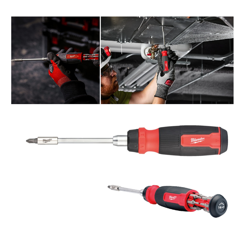 АКЦИЯ ФОКУС-ПЛЮС! Отвертка универсальная Milwaukee с трещоткой со сменными вставками 14 в 1 PH/PZ/TX/HEX/SL 4932480582