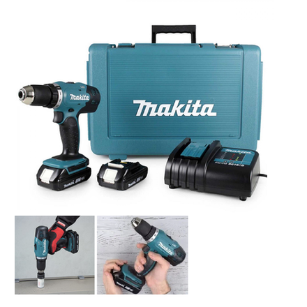 КОМПЛЕКТ: Аккумуляторная дрель - шуруповерт Makita LXT 18В, Два аккумулятора 1,5 Ач, Зарядное устройство, кейс DDF453SYE