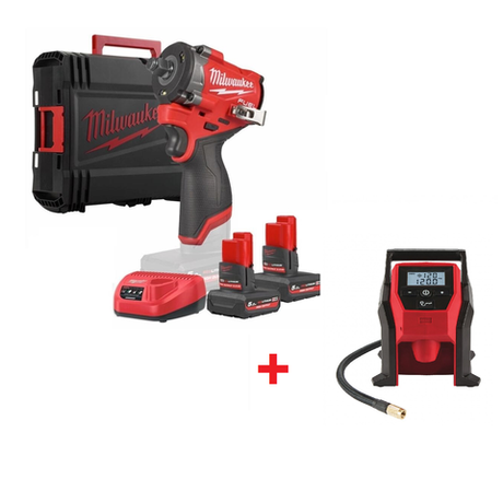 Комплект: Аккумуляторный гайковерт M12 FUEL FCIWF12G3-502X с 2 аккумуляторами, быстрозарядным устройством 4933493455 и Компрессор автомобильный M12 BI-0 4933464124 MILWAUKEE N074-2AM