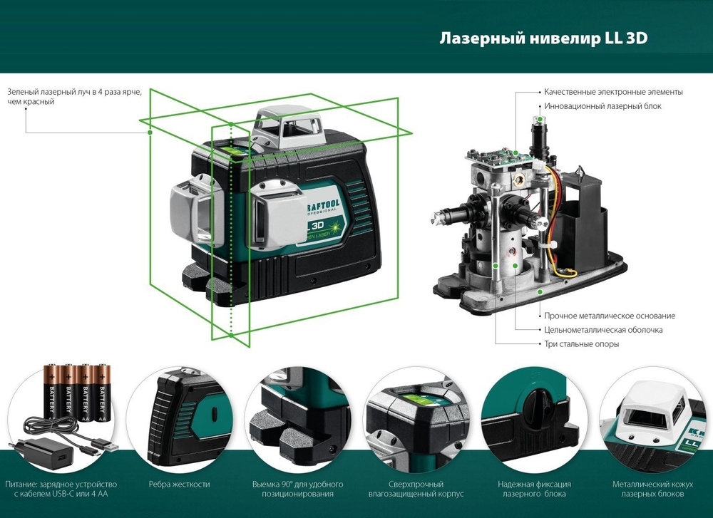 2025 ЦЕНЫ НИЖЕ! Лазерный нивелир LL 3D Professional зеленый свет, работа от стандартных элементов питания и от сети через USB-C KRAFTOOL 34641