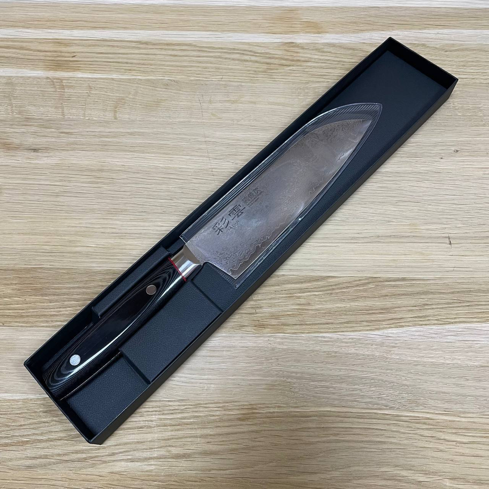 Шеф Нож японский кухонный Сантоку Kanetsugu Saiun Damascus длина лезвия 170 мм сталь VG-10 33 слоя, рукоять микарта, заточка 10000 Tojiro 9003