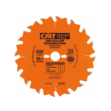 Новинка! Диск пильный универсальный CMT 250 x 30 x 2,8/1,8 15° 5° ATB Z=16 для пиления древесины на стройплощадке 286.016.10M