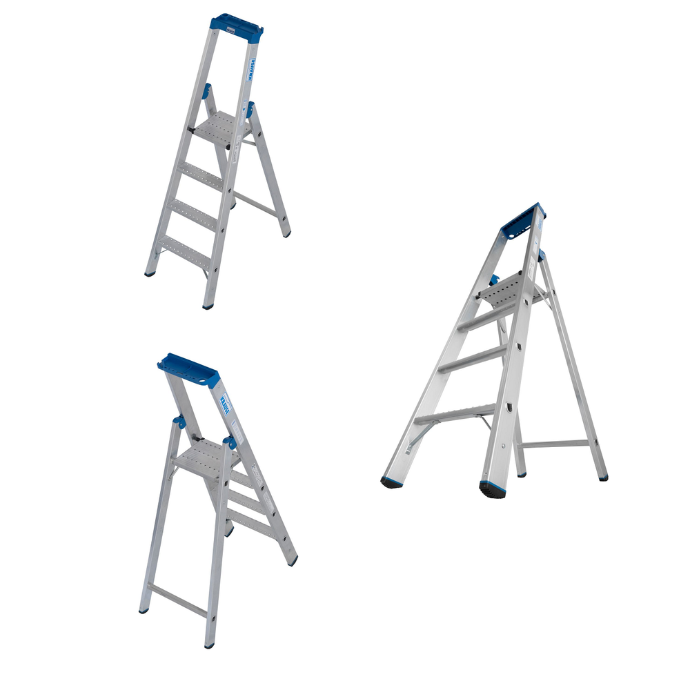 Новинка! Стремянка алюминиевая KRAUSE STABILO 1 x 4 со ступенями R13 из прессованного профиля с противоскользящим профилированием и подъемником платформы с обеих сторон. Рабочая высота 2,95 м, полка и крючок для ведра 136022