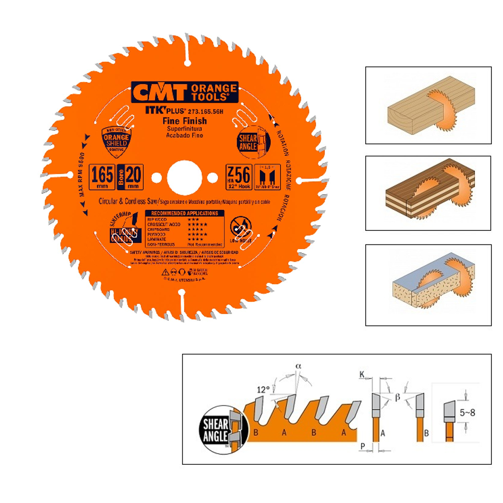 Новинка! Пильный диск с тонким пропилом CMT 165 x 20 (15,87) x 1.6 / 1.0 Z=56 ATB + SHEAR Z=56 поперечное пиление 273.165.56H