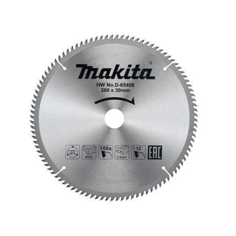 Новинка! Диск пильный по дереву 260 x 2.6 x 30 мм, 100T тонкий чистый рез Makita D-65408