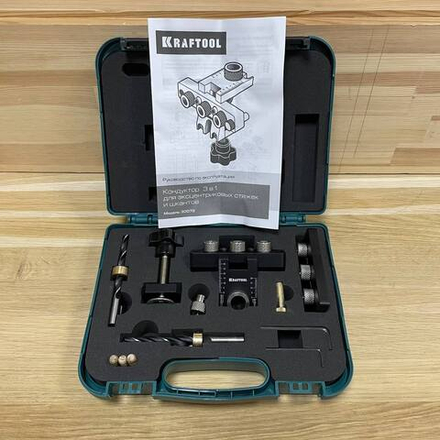 ХИТ! Кондуктор KRAFTOOL Woodsniper 101, 3-в-1 для эксцентриковых стяжек и шкантов при изготовлении угловых соединений деревянных деталей, в кейсе 30072